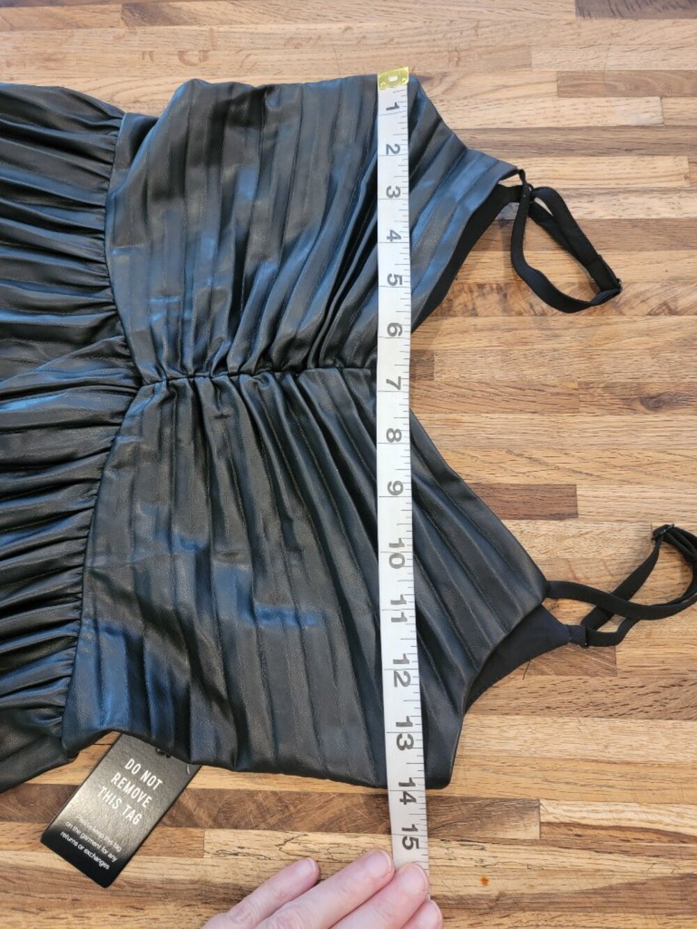Express Faux Leather V-Neck Pleated Fit And Flare Mini Little Black Dress. - Picture 11 of 15